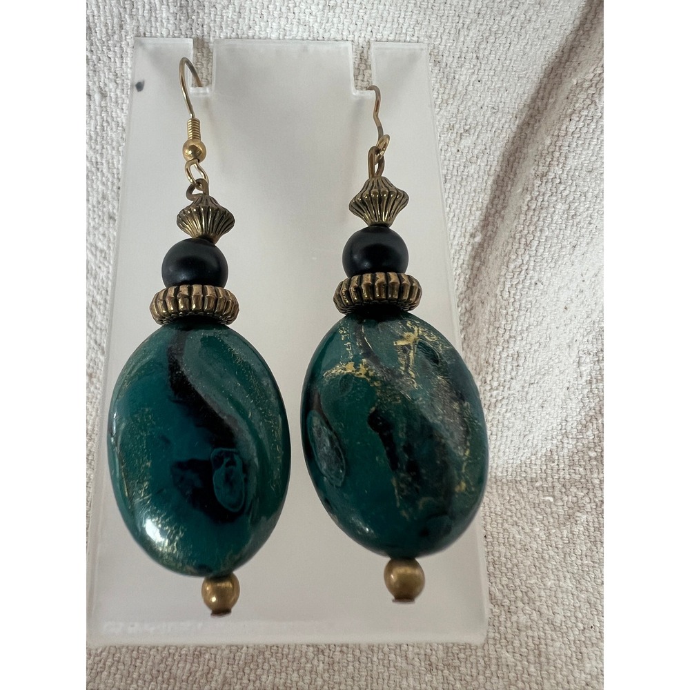 Drop Earrings Green Stone Oval Marbled Boho Dangle